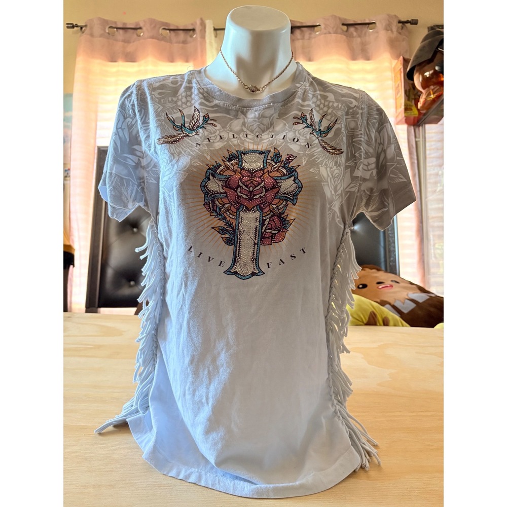 Y2K Vintage Affliction Black Label Live Fast Fringe Shirt Rhinestone Women L